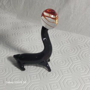Beautiful Art Glass Black Seal Figurine with Glass Ball
